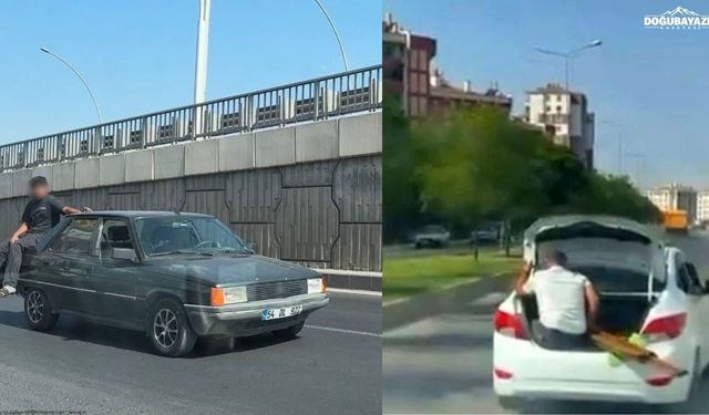 Görenleri şaşırtan görüntü: Bagaj kapağında yolculuk yaptılar