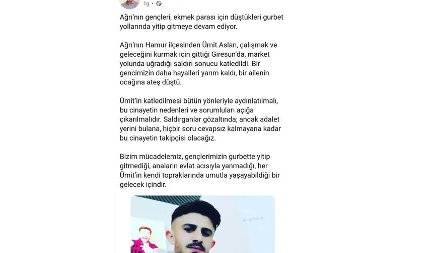 Sırrı Sakık’tan Giresun’da öldürülen Ağrılı genç için açıklama