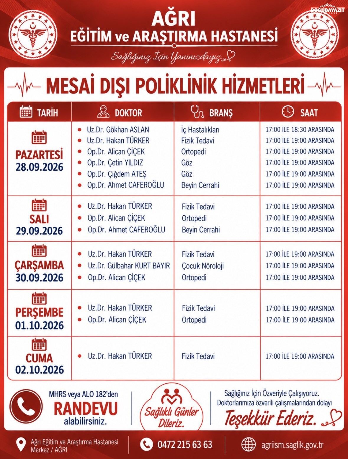Ağrı’da Akşam Poliklinikleri Hangi Doktor Hangi Gün Görevli